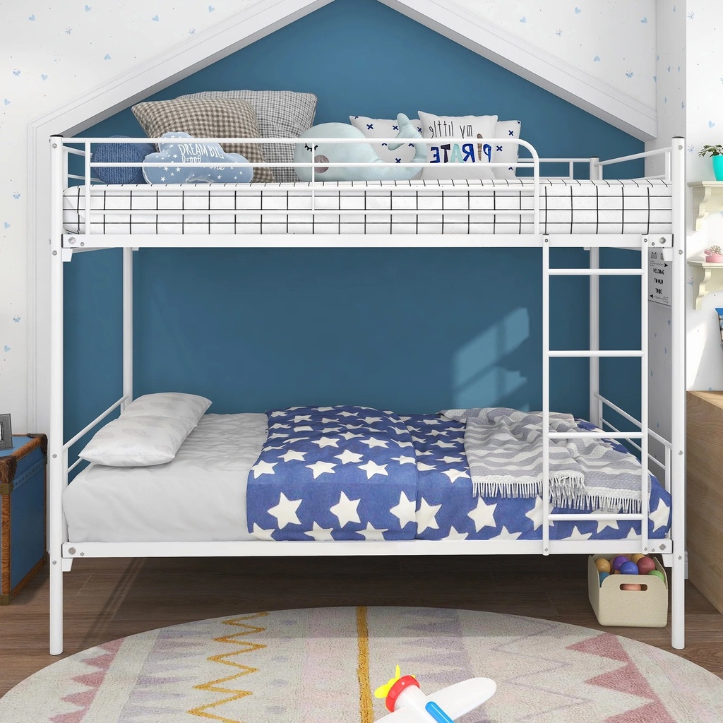 Kacho Metal Bunk Bed, Twin over Twin Bunk Bed with Full-Length Guardrail and Ladder, Metal Bed Frame for Kids Teens Adults, Floor Bunk Bed for Bedroom Drom, Space-Saving Design, Easy Assembly, White