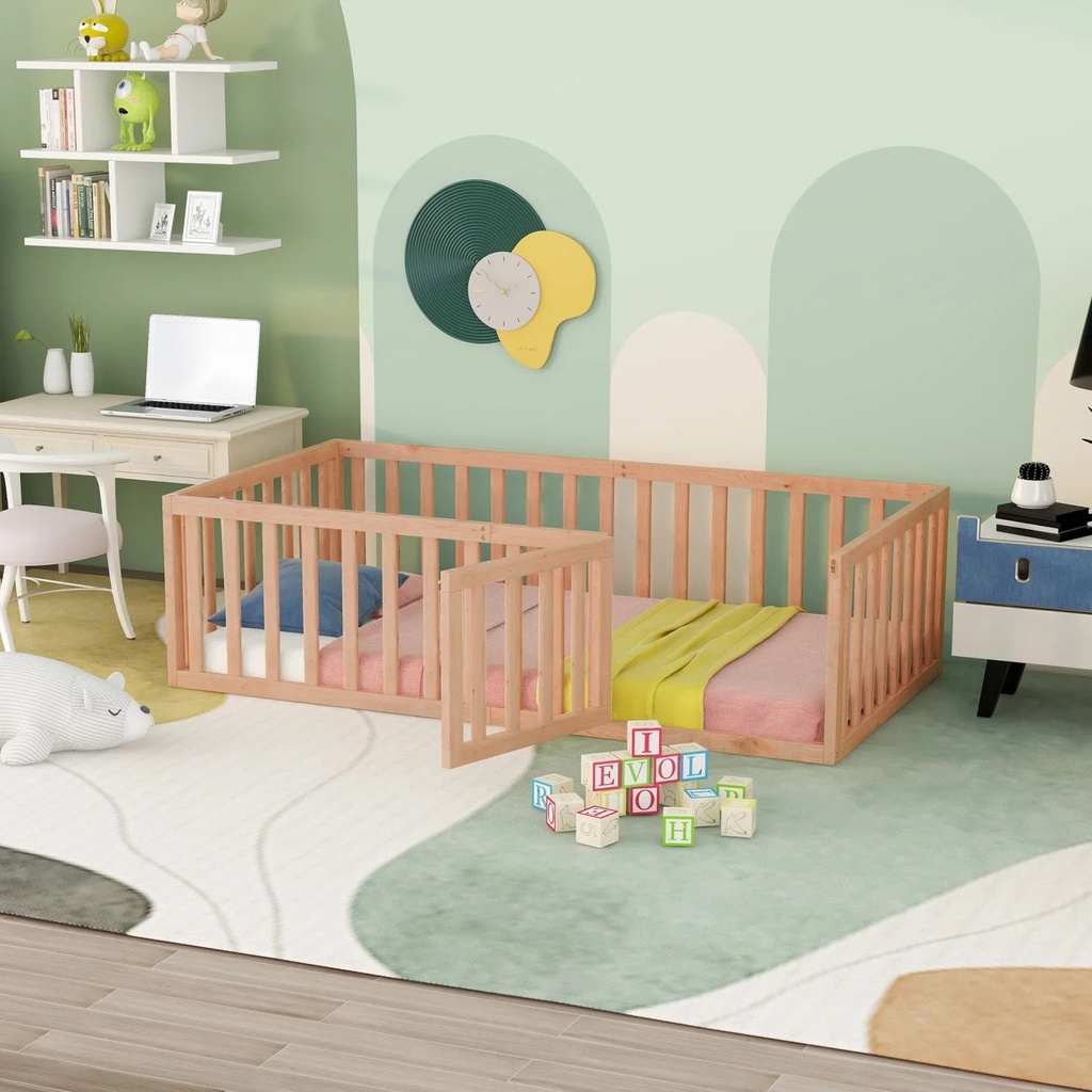 Toddler Twin Floor Bed, Wood Montessori Floor Bed Frame with Fence Guardrails and Support Slats, Twin Playhouse Platform Bed with Door Design for Kids Girls Boys, Natural