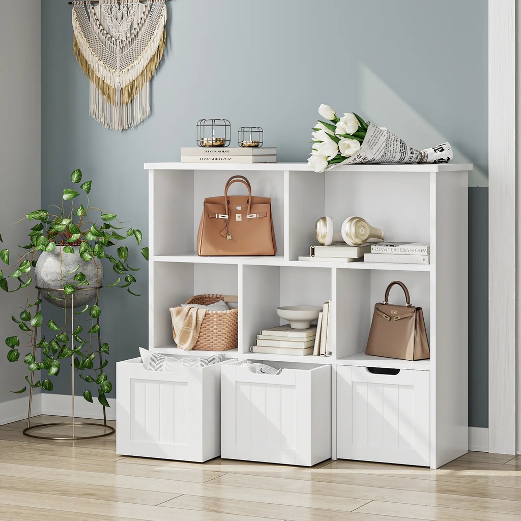 Homfa 5 Cube Toy Storage Organizer, Kids Geometric Bookcase with 3 Drawers, Storage Cabinet for Living Room, White Finish