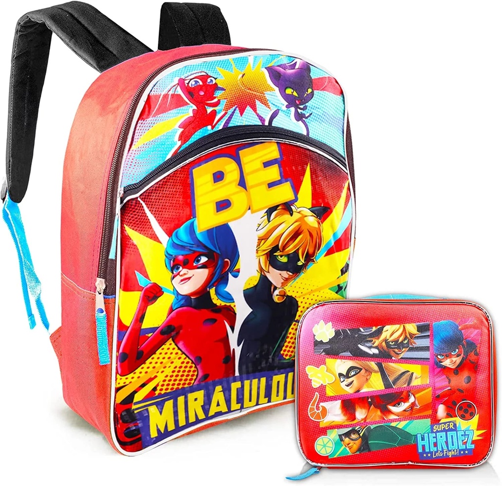 Zagtoon Miraculous Ladybug Backpack and Insulated Lunch Box Set - Bundle with 16'' Miraculous Ladybug School Bag with Lunch Bag
