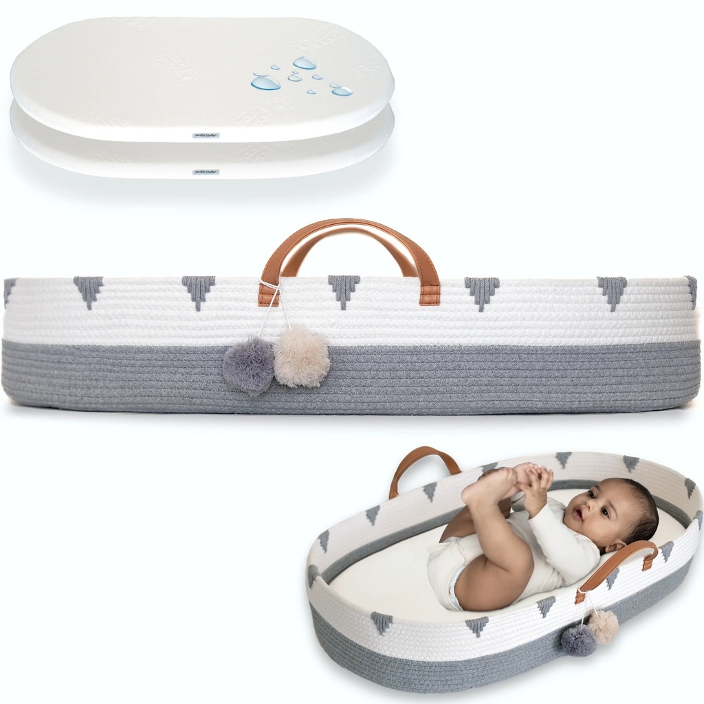 Vesta Baby Cotton Rope Baby Changing Basket Set - Unisex - Boho Gray & White