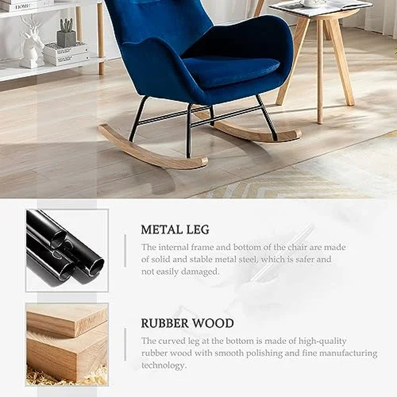 Velvet Rocking Chair Nursery, Upholstered Rocking Chairs with High Backrest and Armrests, Small Glider Chair for Nursery, Living Room, Bedroom (Blue)