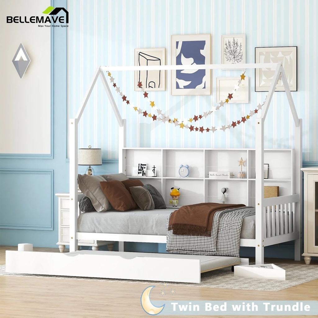 Bellemave Twin House Bed with Trundle and Storage Shelves, Kids Playhouse Bed Frame for Girls & Boys, Toddler Montessori Bed (White)