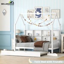 Bellemave Twin House Bed with Trundle and Storage Shelves, Kids Playhouse Bed Frame for Girls & Boys, Toddler Montessori Bed (White)