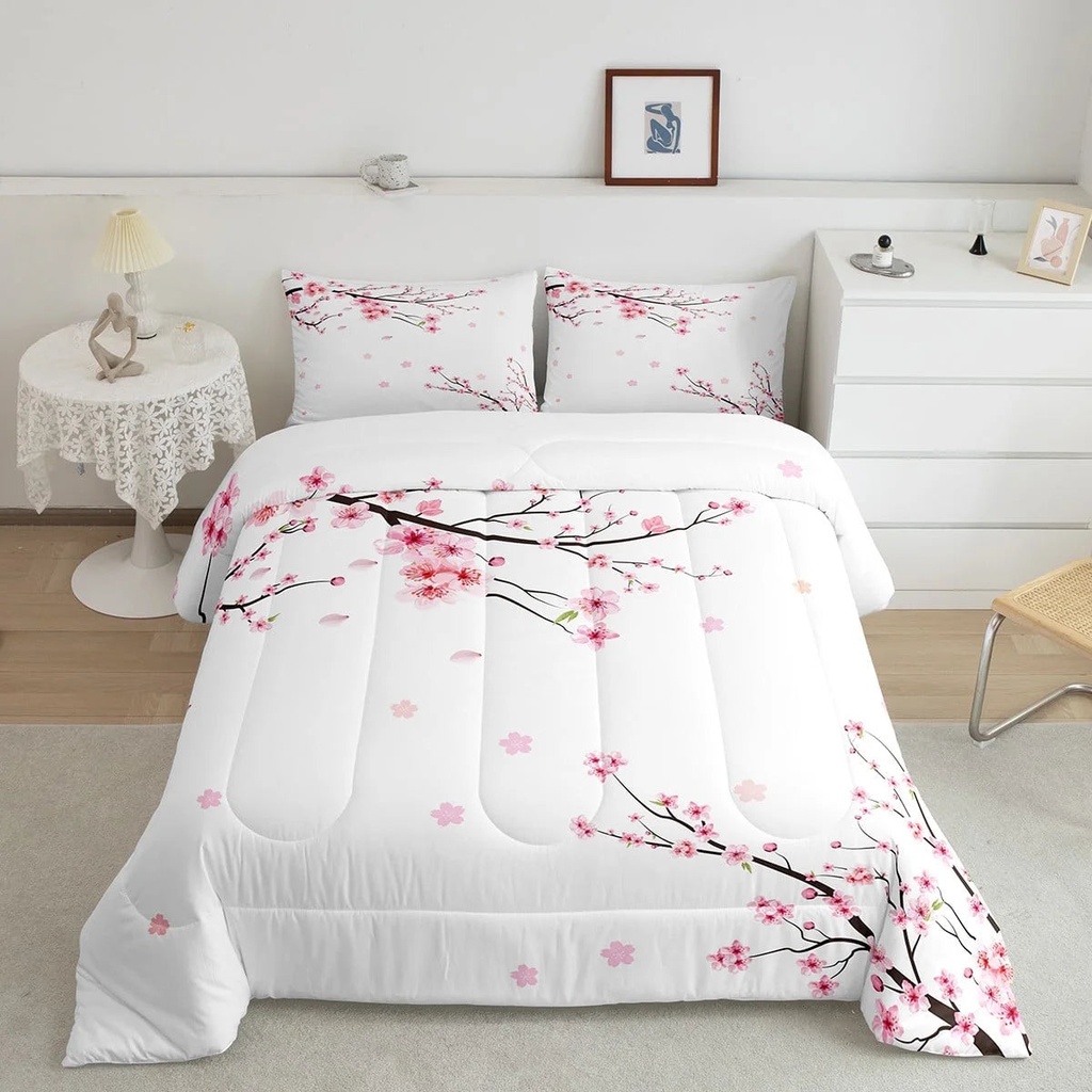 YST Cherry Blossoms Comforter Set Twin,Girls Pink Floral Bedding,Spring Japanese Flowers Bed Set,Pale Pink Blossom Petal Duvet Insert,Romantic Branch Quilted Comforter with 1 Pillow Case