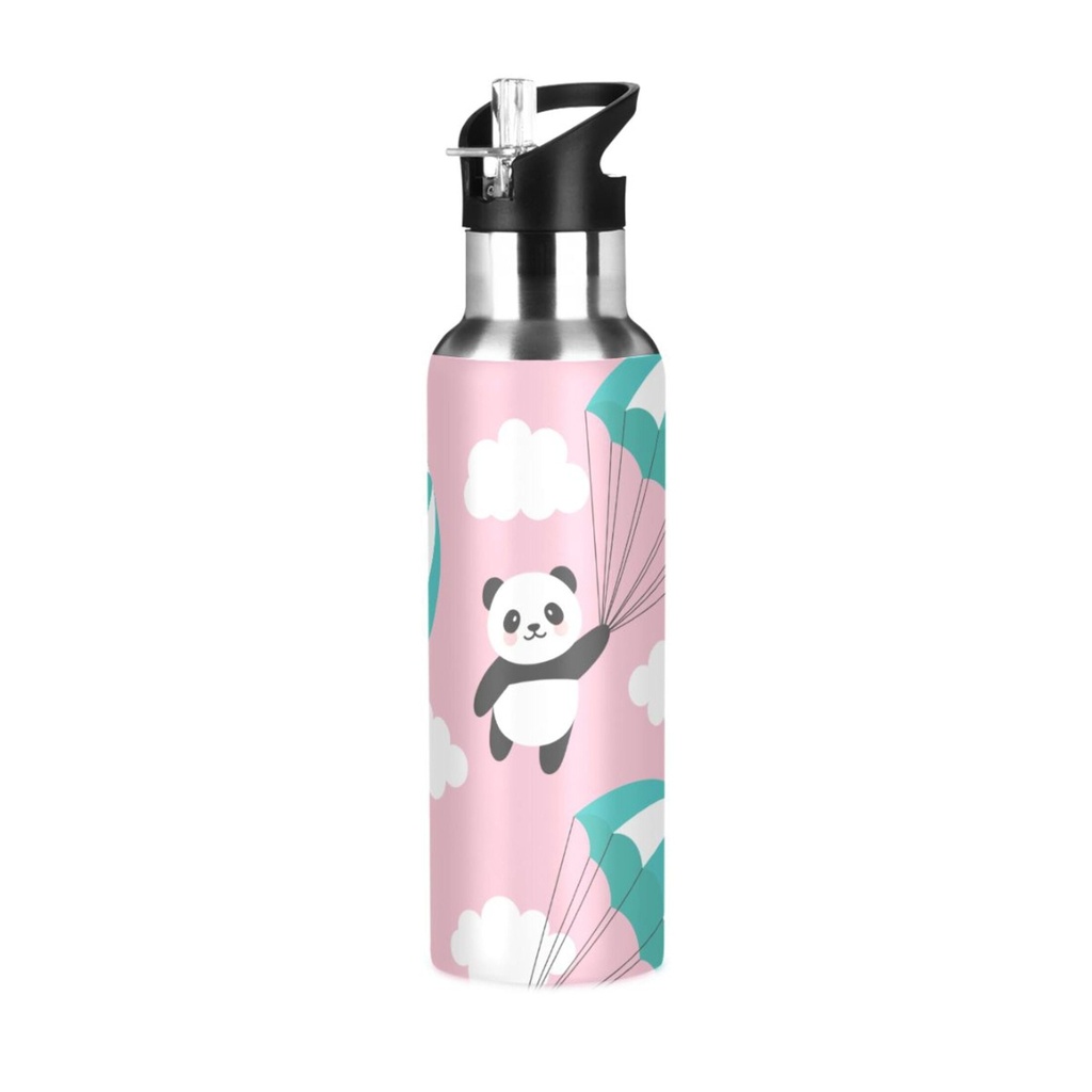 Water Bottle with Straw Lid Leak Cartoon Panda Bears Flying Stainless Steel Insulated Thermos Vacuum Flask for Cold Hot Drinking for Sports Camping Gym Yoga