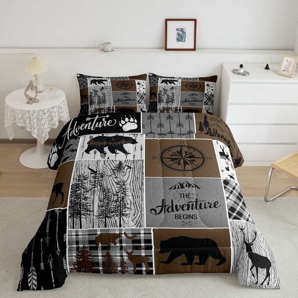 YST Rustic Patchwork Twin Comforter Set for Boys, Retro Country Farmhouse Quilt Cabin Room Decor, Western Deer Bear Bedding Woodland Wildlife Adventure Camping Duvet Insert, Gray Brown