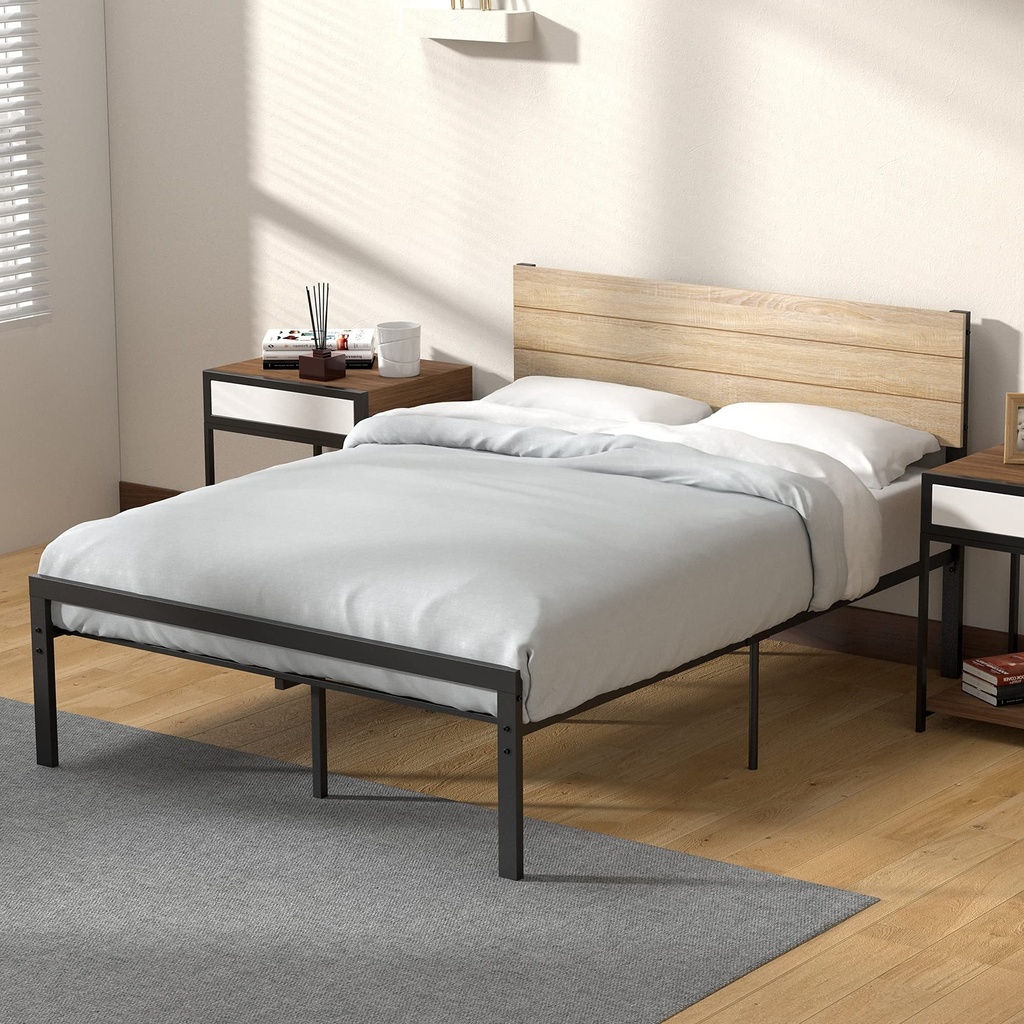 Kitsin Metal Bed Frame Full Size with Wood Headboard and Metal Slats Support Platform Bed Frame with Storage No Box Spring Needed
