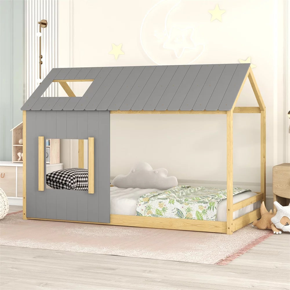 Wooden Kids House Bed with Roof and Window, Twin Size Floor Bed Montessori Bed Frame with Slats for Toddler Kids Teens Boys and Girls, House Platform Bed Frame, Easy Assembly, Gray+Natural