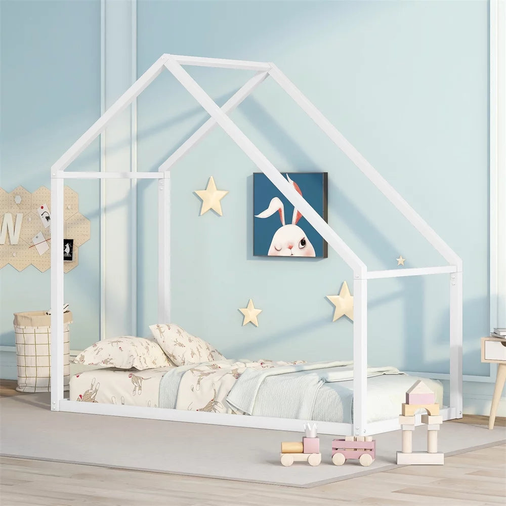 Twin Size Metal House Bed Platform Bed Montessori Bed Frame, Twin Size Floor Bed Frame without Slats for Toddlers Kids Boys Girls, Can Be Decorated, 77.2"L X 41"W X73.1"H, White