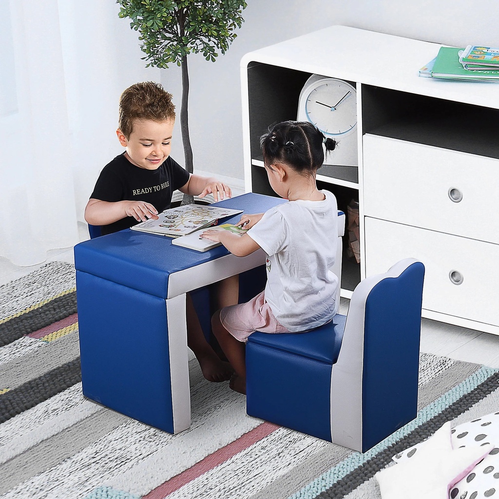 Qaba Kids Sofa Set 2-In-1 Multi-Functional Toddler Table Chair Set 2 Seat Couch Storage Box Soft Sturdy Blue