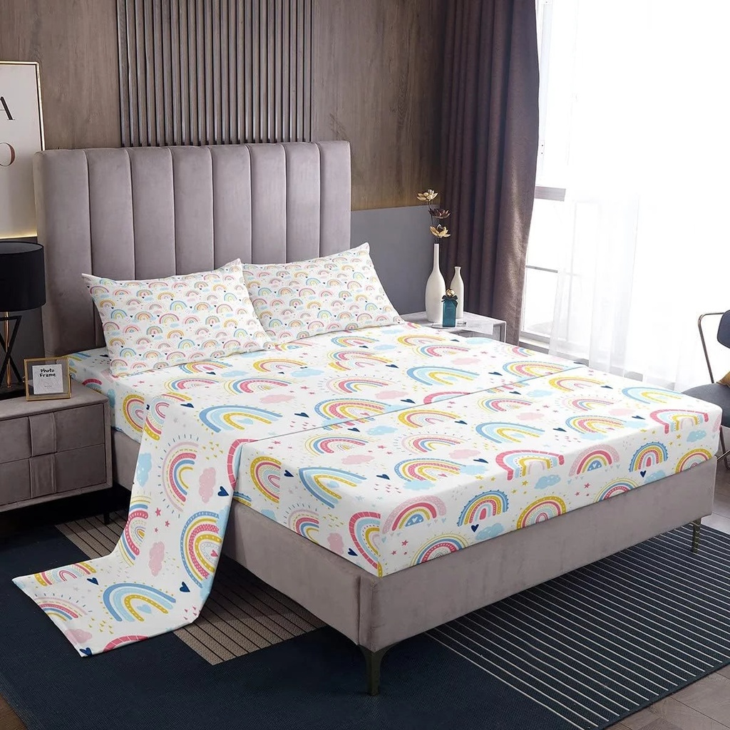 Girly Rainbow Bed Sheets Twin Size, Sun and Stars Sheet Set for Kids Boys Children Cartoon Style Cloud Fitted Sheet Girls Soft Microfiber Love Heart Pattern Flat Sheet for Bedroom Living Room Decor