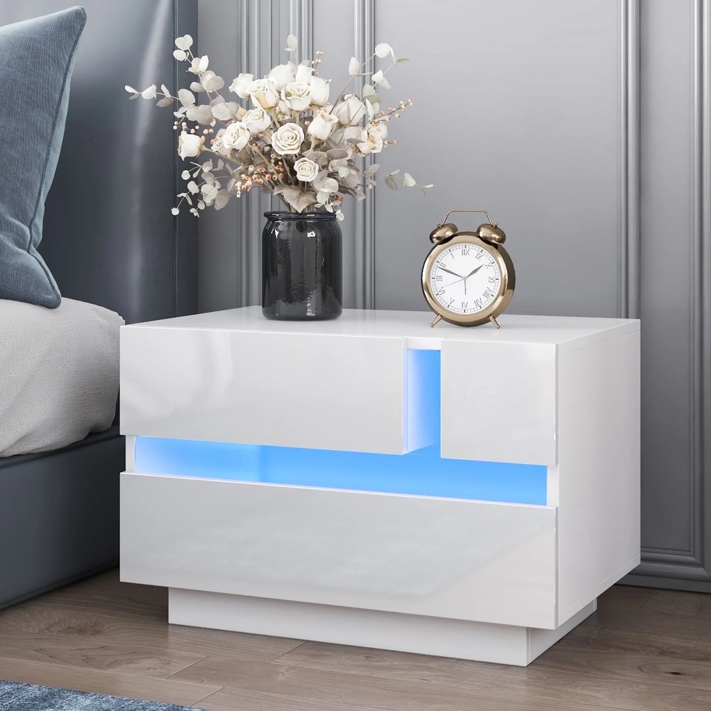 Hommpa High Gloss LED Nightstand Modern Bedside Table with 2 Drawers White Night Stand Side Table for Bedroom