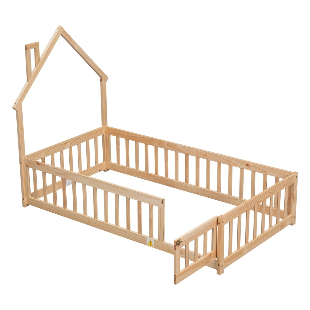 PAPROOS Twin Size Floor Bed for Kids, Wood Toddler Floor Bed with Fence and Door, Twin Floor Platform Bed with House-Shaped Headboard, Natural