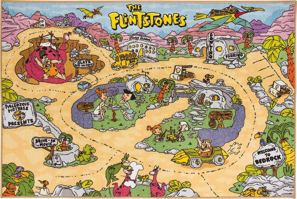 KC Cubs | Flintstones Bedrock Road Map Educational Learning & Game Area Rug Carpet for Kids and Children Bedrooms and Playroom