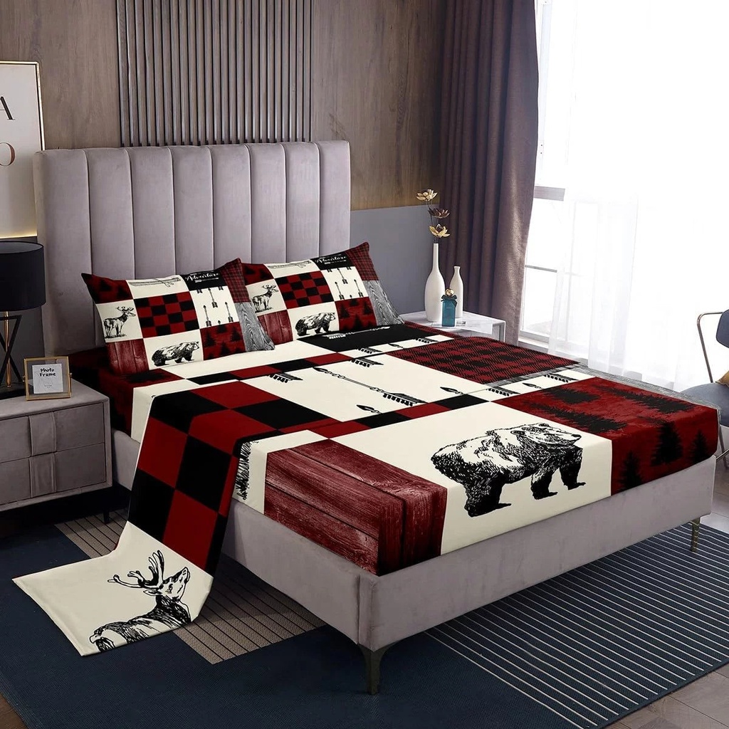Rustic Lodge Bear Moose Deer Sheet Set Twin,Patchwork Red Black Buffalo Check Plaid Bed Sheets Set Farmhouse Hunting Woodland Animal Bedding,Camping Cabin Fitted Sheet + Flat Sheet + 1 Pillow Case