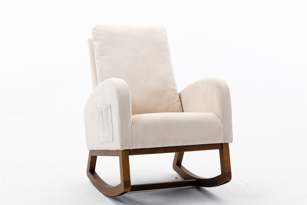 Living Room Rocking Chair, Comfortable Upholstered Indoor Nursery Rocker Chair with Side Pocket and Solid Rubber Wood Leg, Modern High Back Armchair with Armrests for Home Bedroom and Office, Cream