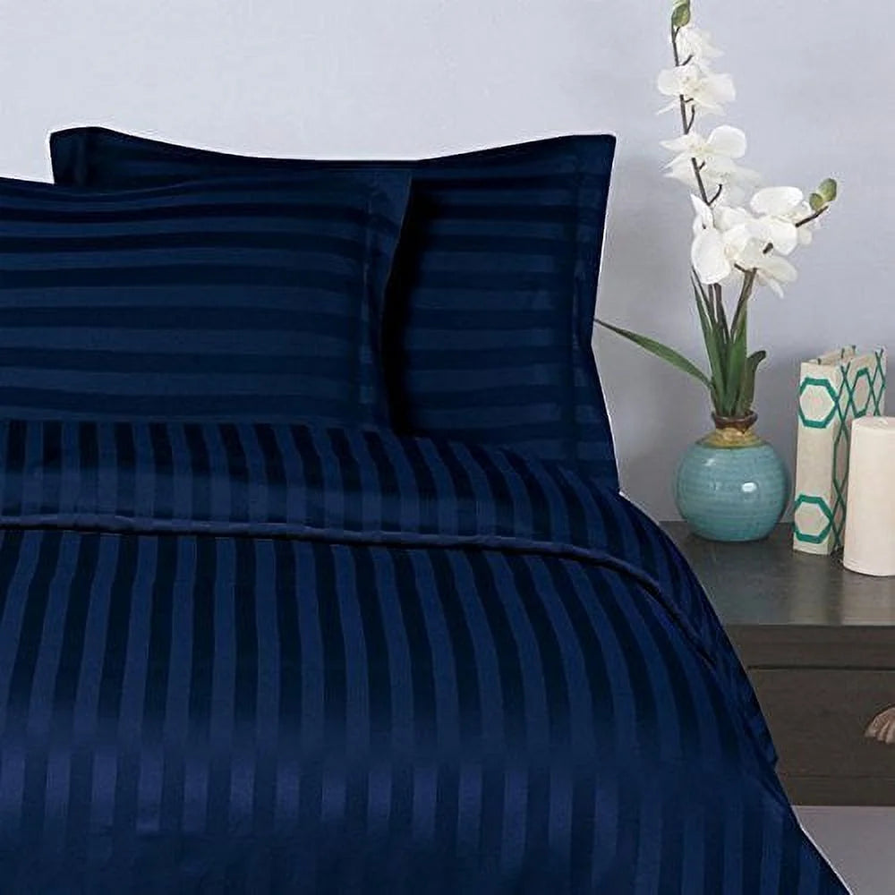 Elegant Comfort® Wrinkle & Fade Resistant 1500 Premier - 6PC Damask STRIPES Silky Soft 4Pc Sheet Set, up to 16" Deep Pocket, California King, Navy Blue