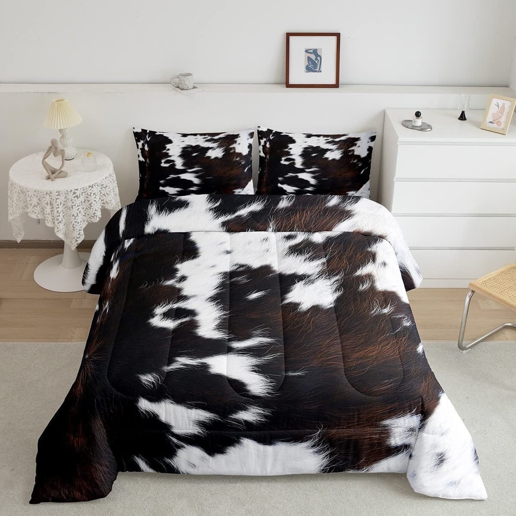 Brown Cowhide Comforter Set Twin,Black White Aztec Cow Print Bedding Set Western Farmhouse Animal down Comforter for Kids Boys Girls,Rustic Cowboy Quilt Duvet Set 1 Pillow Case Bedroom Decor