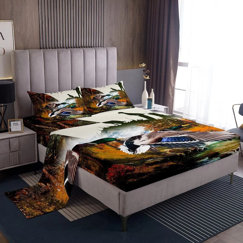 YST Duck Hunting Sheets Wild Animal Mallard Duck Bed Sheets Hunting Theme Fitted Sheet Dog Hunter Flat Sheet Wildlife Flying Duck Bedding Sets Dog Rustic Farmhouse Sheets Twin Size 3 Pcs