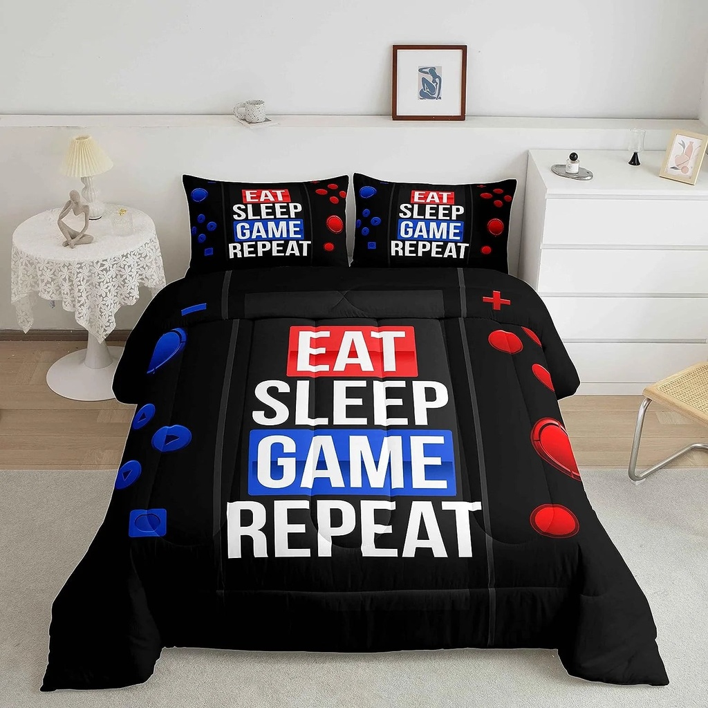 Gaming Comforter Set Video Games Comforter Teens Youth Gamer Bedding Set for Boys Kids Eat Sleep Game Repeat Design Duvet Set Blue Black Red Room Decor Twin Size Reversible Bedspreads Coverlet Sets