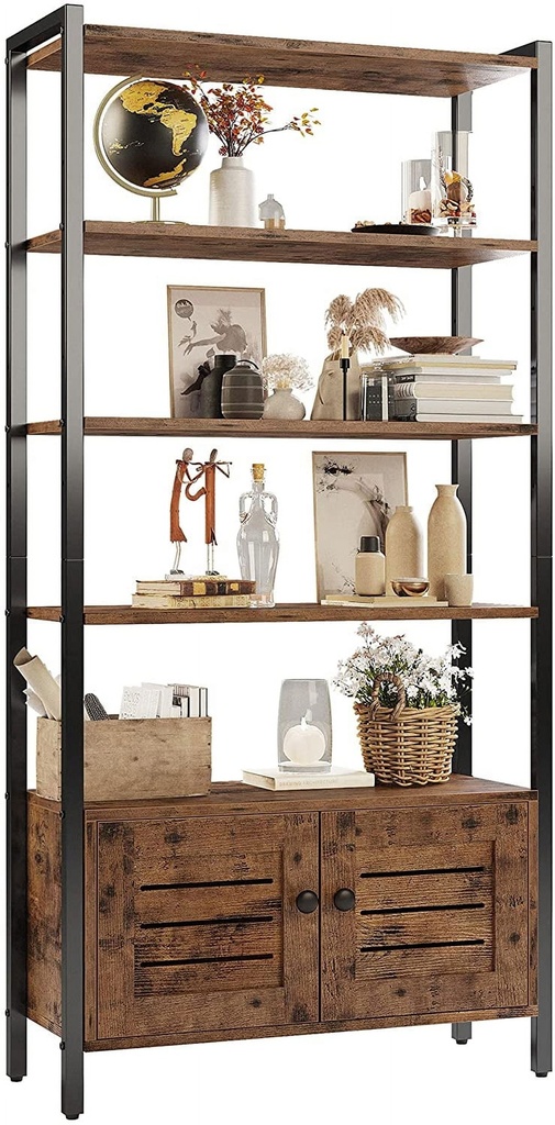 IRONCK Industrial Bookshelf and Bookcase with 2 Louvered Doors and 4 Shelves, Standing Storage Cabinet for Living Room