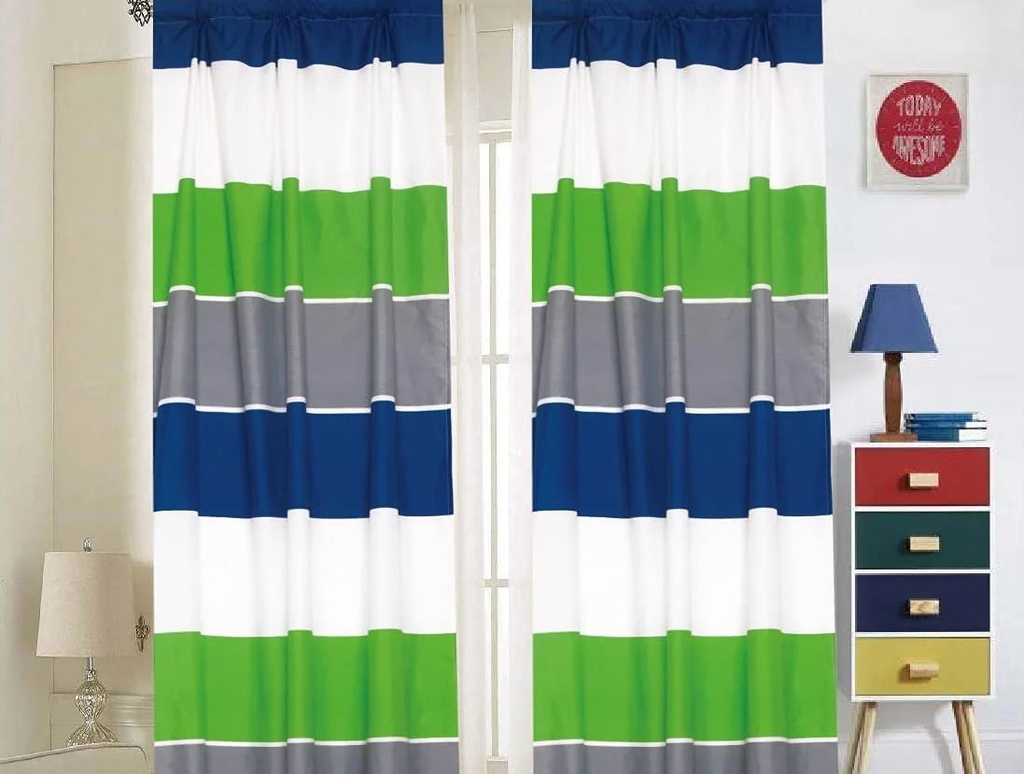 Sapphire Home 2 Panel Curtain Set, Vibrant Multi-Color, Green Gray Blue Stripes Print Multicolor Boys Kids Girls Teen Room Dcor, Curtain, Green/Gray