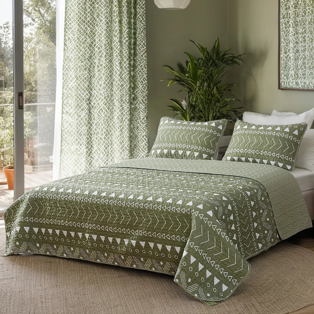 Home Quilt Set 2 Pieces Sage Green Quilt Set Reversible Soft Microfiber Bedspreads Twin Size Lightweight Coverlet with Boho Geometric Design Comforter Set Bed Cover for All Season（1 Quilt 1 Sham）