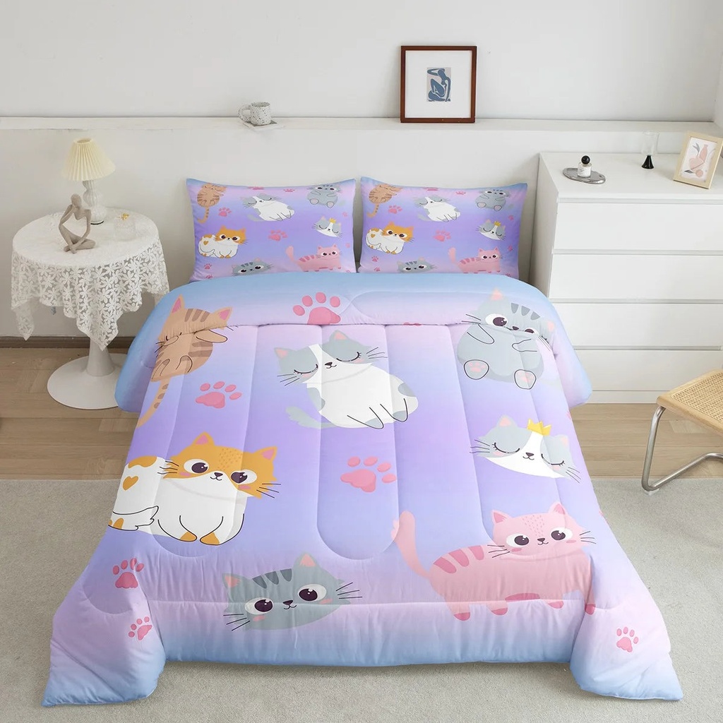 Girls Kawaii Cat Comforter Set Pink Blue Purple Pastel Bedding Set Rainbow Ombre Cats Bedding Comforter Sets for Kids Teen Women,Cute Cat Quilt Duvet 1 Pillow Case Cat Lover Room Decor,Twin Size