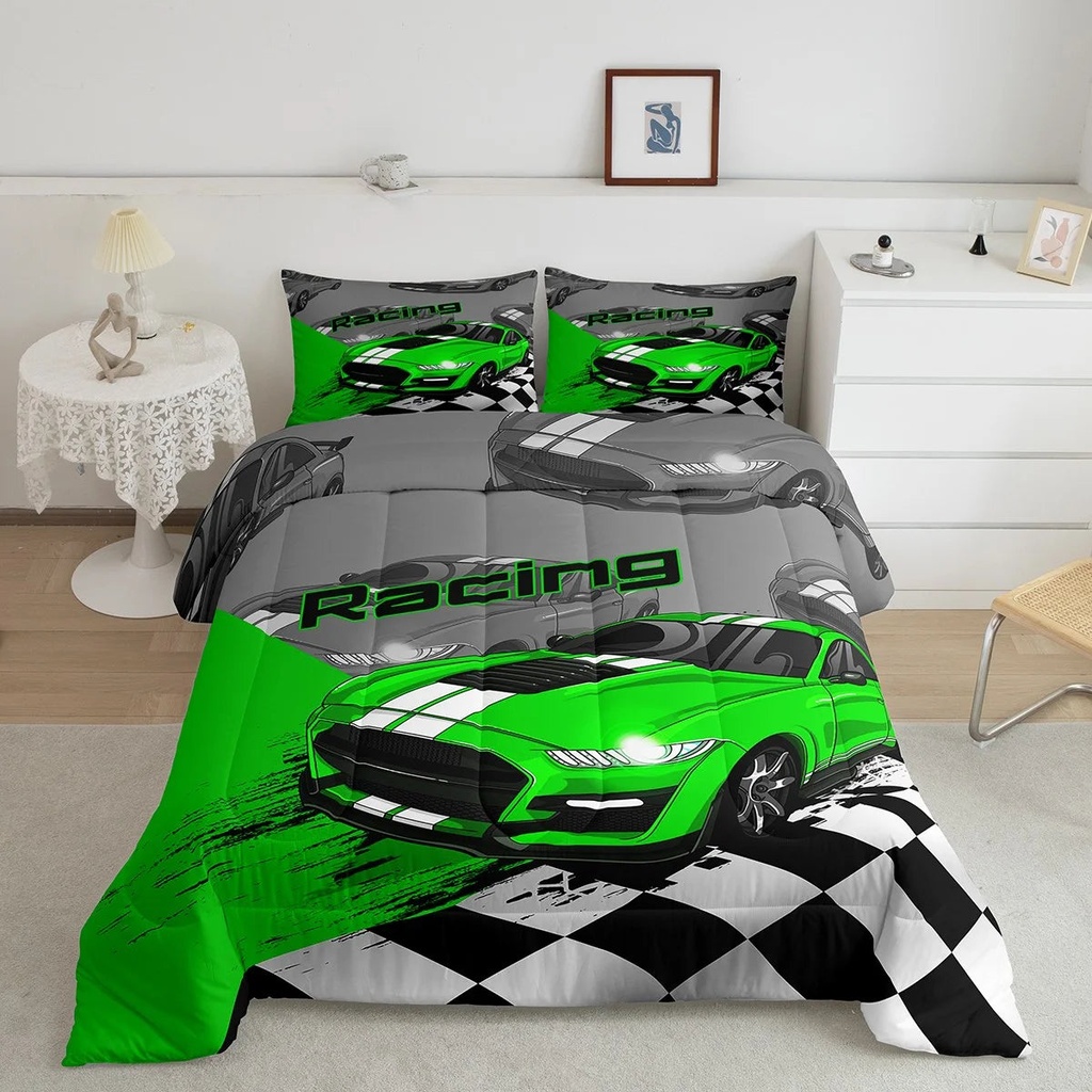 YST Fluorescent Green Sports Car Bedding Comforter Sets Kids Race Car Comforter Set Extreme Cool Automobile Bedding 2 Pieces for Boys Teens Youth Racer Car Sports Game Duvet Insert Twin