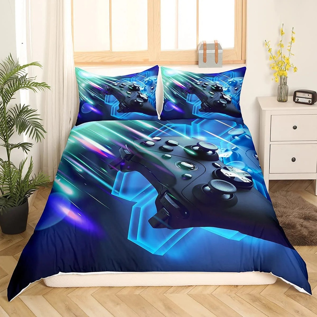 Gamer Bedding Set for Boys Teens Game Gaming Duvet Cover Video Game Home Decor Player Twin Size Comforter Cover Blue Hexagon Geometric Decor Kids Toddler 2 Pieces 1 Duvet Cover with 1 Pillowcases