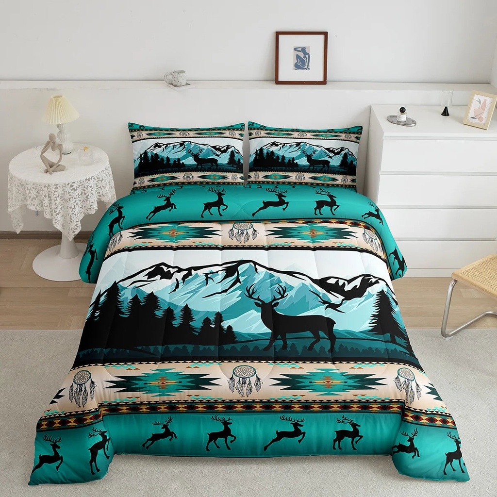 Deer Hunter Comforter Set Twin Southwestern Native Aztec Western Bedding Set,Bohemian Dream Catchers Quilt Moose Reindeer Indian Tribal Geometry Duvet Insert,Country Farmhouse Rustic Room Decor