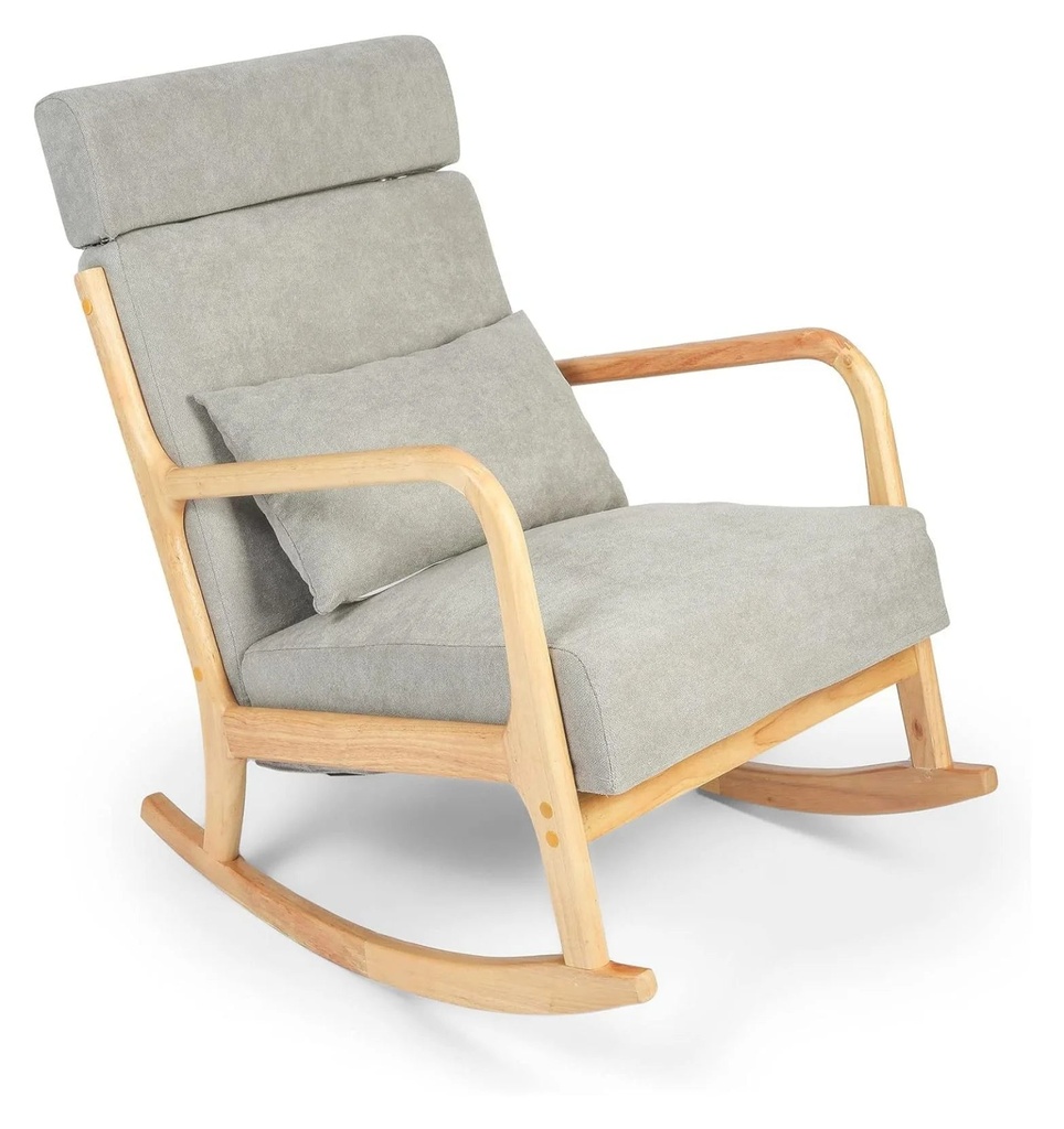 Drevy Glider Chair Upholstered Rocking Chair, Rocking Chair Nursery Single Sofa with Wooden Armrest, Living Room Rocking Chair with Pillow & High Back for Small Space Bedroom, Grey