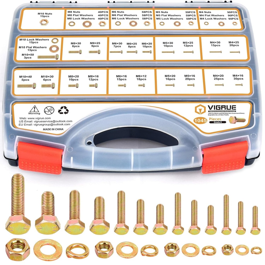 VIGRUE 1045PCS Grade 8.8 Metric Bolts and Nuts Assortment, M4 M5 M6 M8 M10 Bolt Assortment, Heavy Duty Zinc Plated, Length from 12Mm - 30Mm