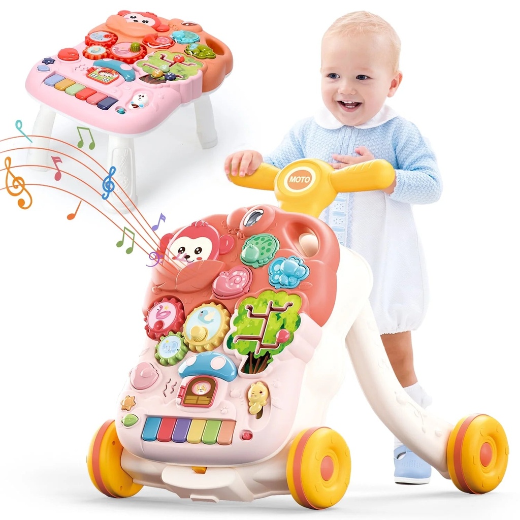 Joystone 2 in 1 Baby Walker with Musical Play Table, Sit to Stand Toddler Learning Push Toys for 6-18 Months, Pink