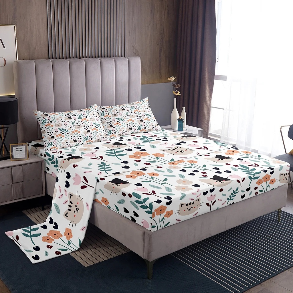 Kids Bed Sheets Set Twin,Cat Bedding Set Cartoon Cat Bed Sheets Set for Kids Boys Girls,Kawaii Bedding,Cute Animals Top Sheet,Botanical Flower Leaves Heart Pattern Sheet Set 3Pcs with 1 Pillow Case