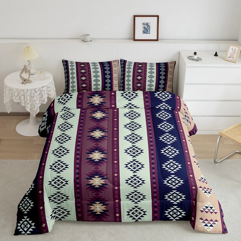 Rustic Southwestern Bedding Set Twin Western Boho Aztec Quilt Bedding Exotic Bohemian Comforter Set for Kids Adults Ethnic Tribal Geometric Triangle Bed Set Purple Blue Mint Green Room Decor 2 Pcs