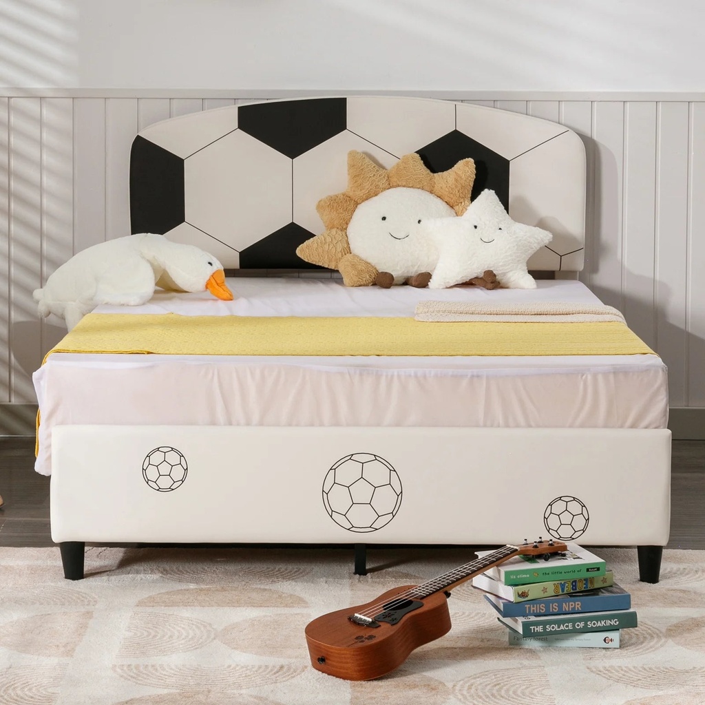 Ijuicy Full Size Toddler Bed, Platform Bed Frame with Faux Leather Headboard, Strong Wood Slats, White Kids Bed with Football Design, Kids Bed for Children'S Bedroom, No Box Spring Needed