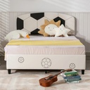Ijuicy Full Size Toddler Bed, Platform Bed Frame with Faux Leather Headboard, Strong Wood Slats, White Kids Bed with Football Design, Kids Bed for Children'S Bedroom, No Box Spring Needed