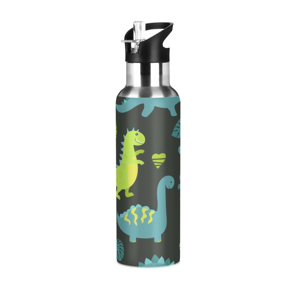 Water Bottle with Straw Lid Leak Dinosaur Cartoon Green Dinosaur Black Stainless Steel Insulated Thermos Vacuum Flask for Cold Hot Drinking for Sports Camping Gym Yoga