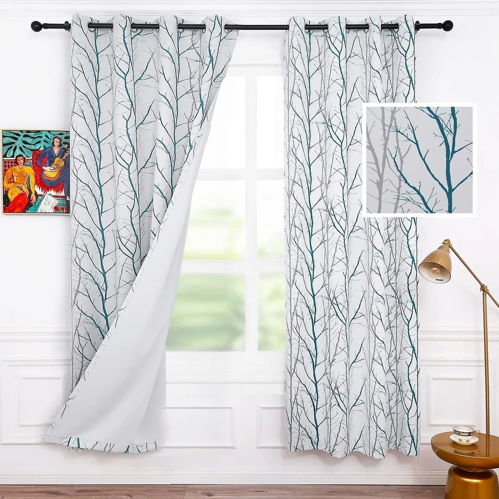 Anjee Blackout Curtains 84 Inches Long Set of 2 for Bedroom, Teal Tree Print Fashion Grommet Light Blocking Window Panels for Living Room 52" X 84"