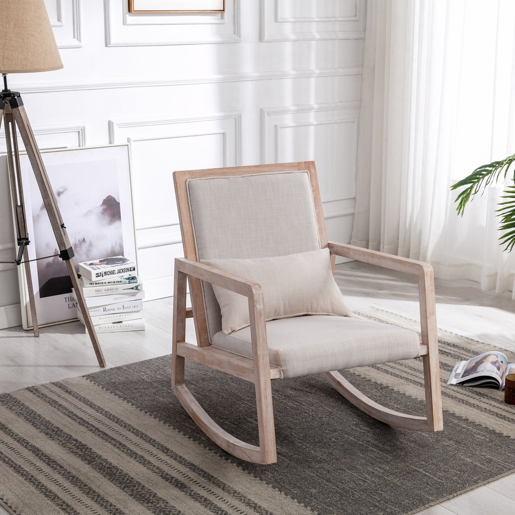 Sesslife Upholstered Rocking Chair, Modern Fabric Rocking Armchair, Mid Century Wood Base Comfy Rocker for Living Room, Bedroom, Office, Beige