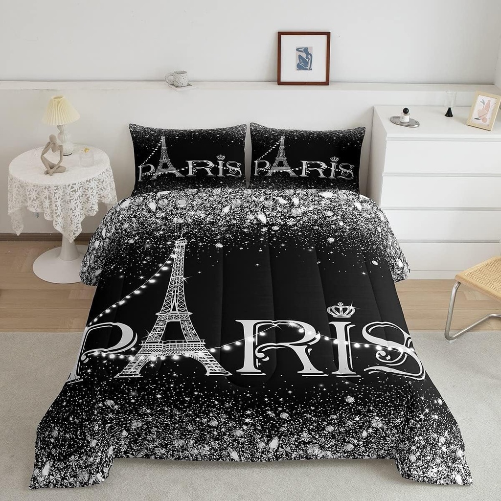 YST Eiffel Tower Comforter Set for Girls,Black White Romantic Paris Bedding Set Twin,Glitter Diamond Duvet Insert All Season,Sparkles Sequins down Comforter with 1 Pillowcase Bedroom Decor