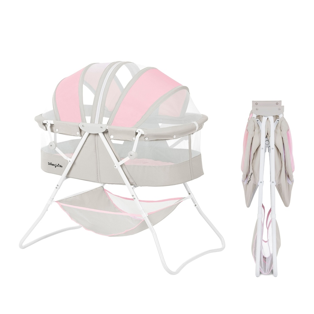 Dream on Me Karley Bassinet in Pink and Grey, Quick Fold and Easy to Carry, Large Storage Basket
