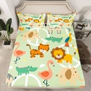 Cartoon Jungle Animals Sheets Twin for Kids Cute Tiger Elephant Lion Bed Sheets Crocodile Giraffe Flamingo Bedding Set for Boys Girls,Safari Park Animal Fitted Sheet with 1 Pillow Case