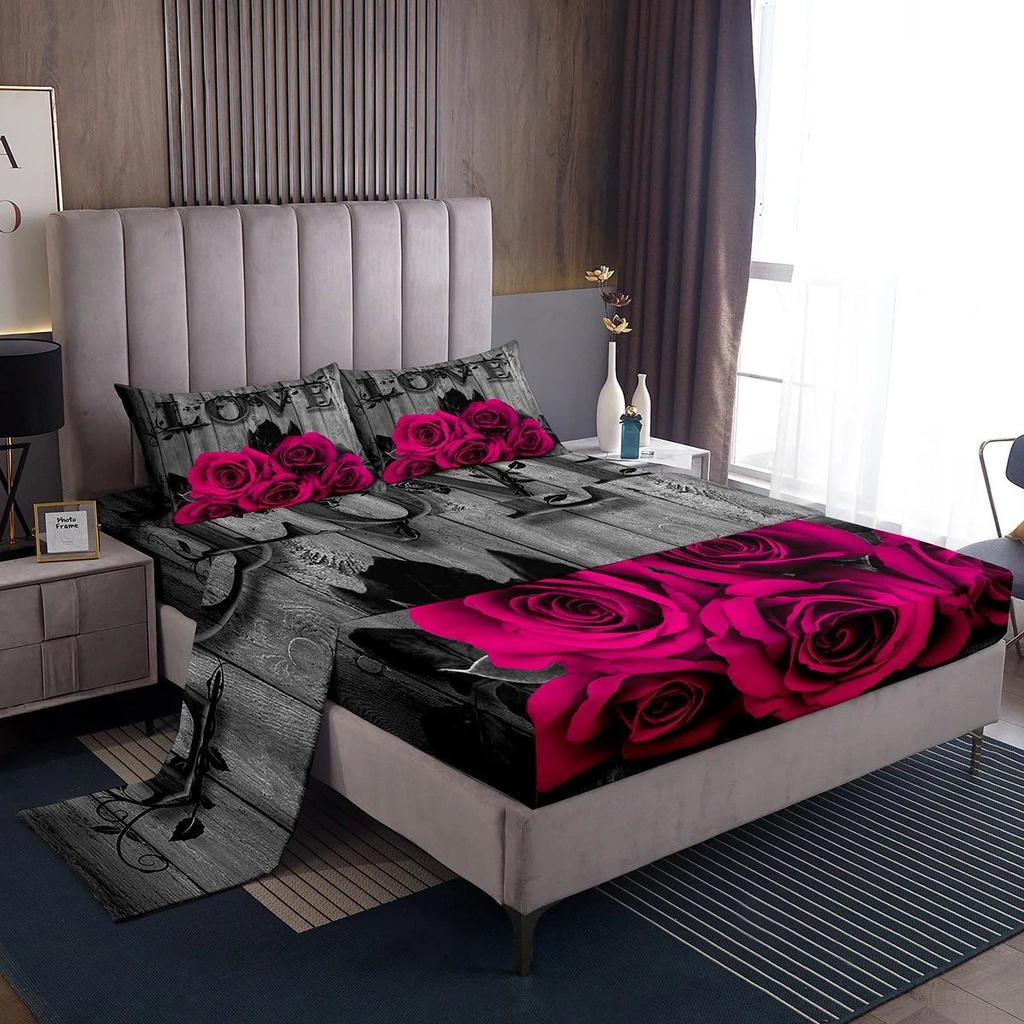 Hot Pink Rose Flowers Sheet Set Twin Retro Rustic Rose Floral Bed Sheets Valentine'S Day Couple Bedding Set for Kids Adults,Romantic Botanical Fitted Sheet Black Grey Flat Sheet + 1 Pillow Case