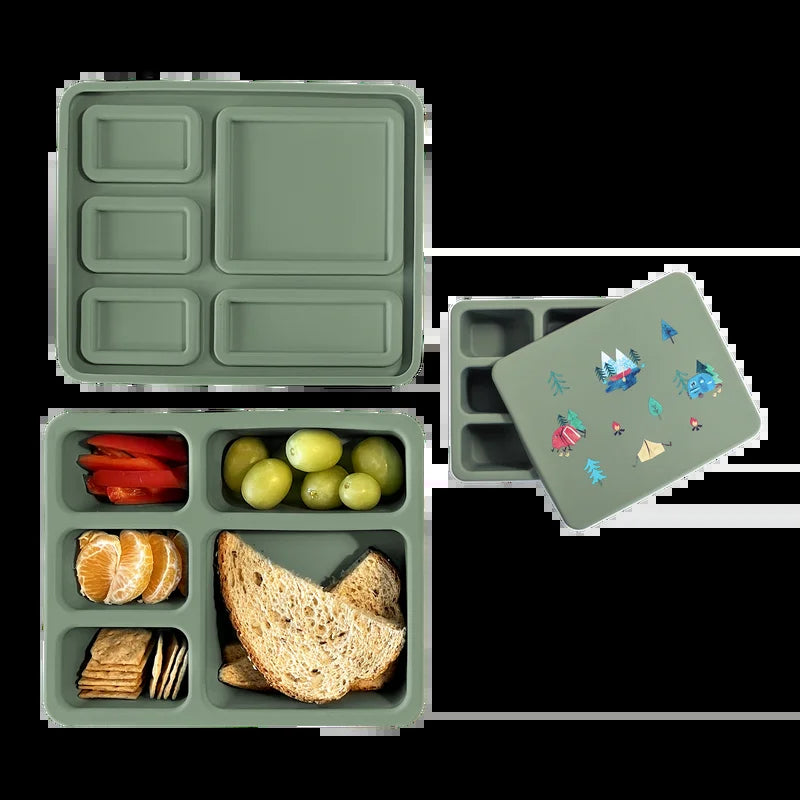 Austin Baby Co Bento Lunch Box for Toddler and Kids – Silicone Lunch Container with 5 Leak-Proof Compartments – Food-Safe Materials, Sturdy, Dishwasher Safe, and BPA Free (Camper Sage Green)