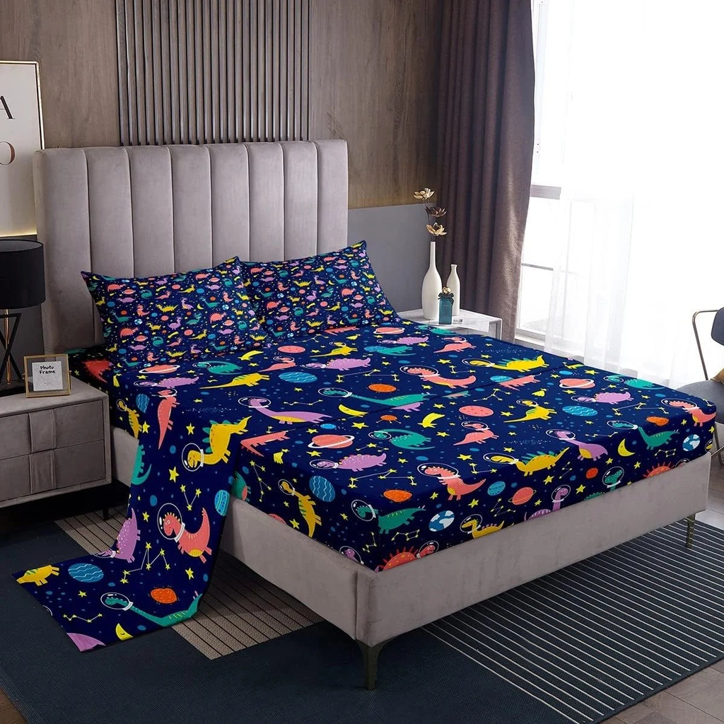 YST Boys Cartoon Dinosaur Bed Sheets,Kids Cute Dino Sheet Set,Girly Funny Dinosaur Astronaut Bedding Set Home Room Decor,Galaxy Space Stars Fitted Sheet + Flat Sheet + 1 Pillowcase,Twin