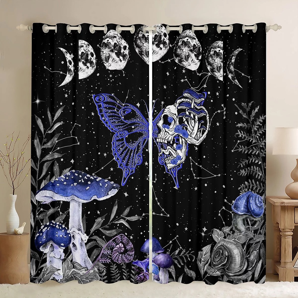 Butterfly Skull Skeleton Blackout Curtains Moon Phase Halloween Curtains & Drapes, Hippie Mushroom Death Moth Curtains Night Botanical Gothic Moonlit Print Window Curtains 2 Panels, 42''Wx63''L