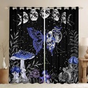 Butterfly Skull Skeleton Blackout Curtains Moon Phase Halloween Curtains & Drapes, Hippie Mushroom Death Moth Curtains Night Botanical Gothic Moonlit Print Window Curtains 2 Panels, 42''Wx63''L
